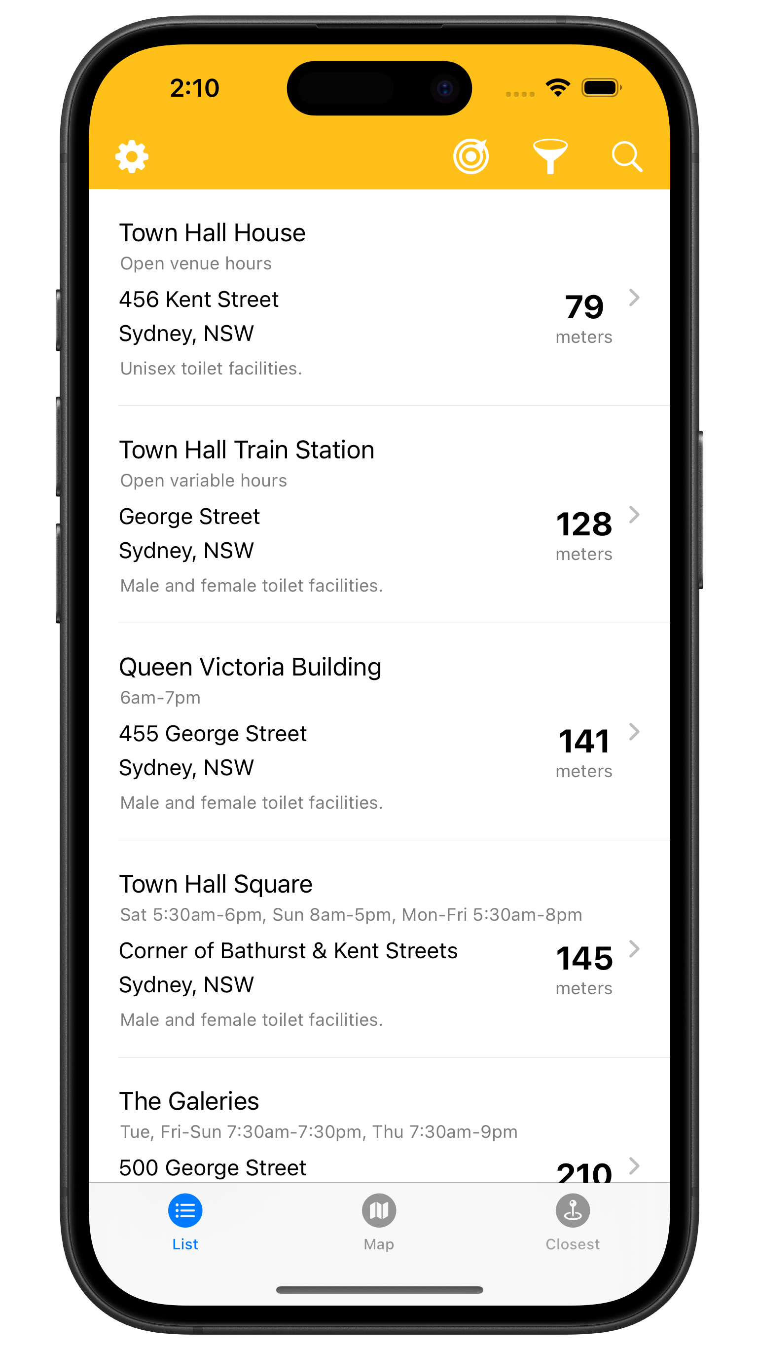 List of nearby facilities