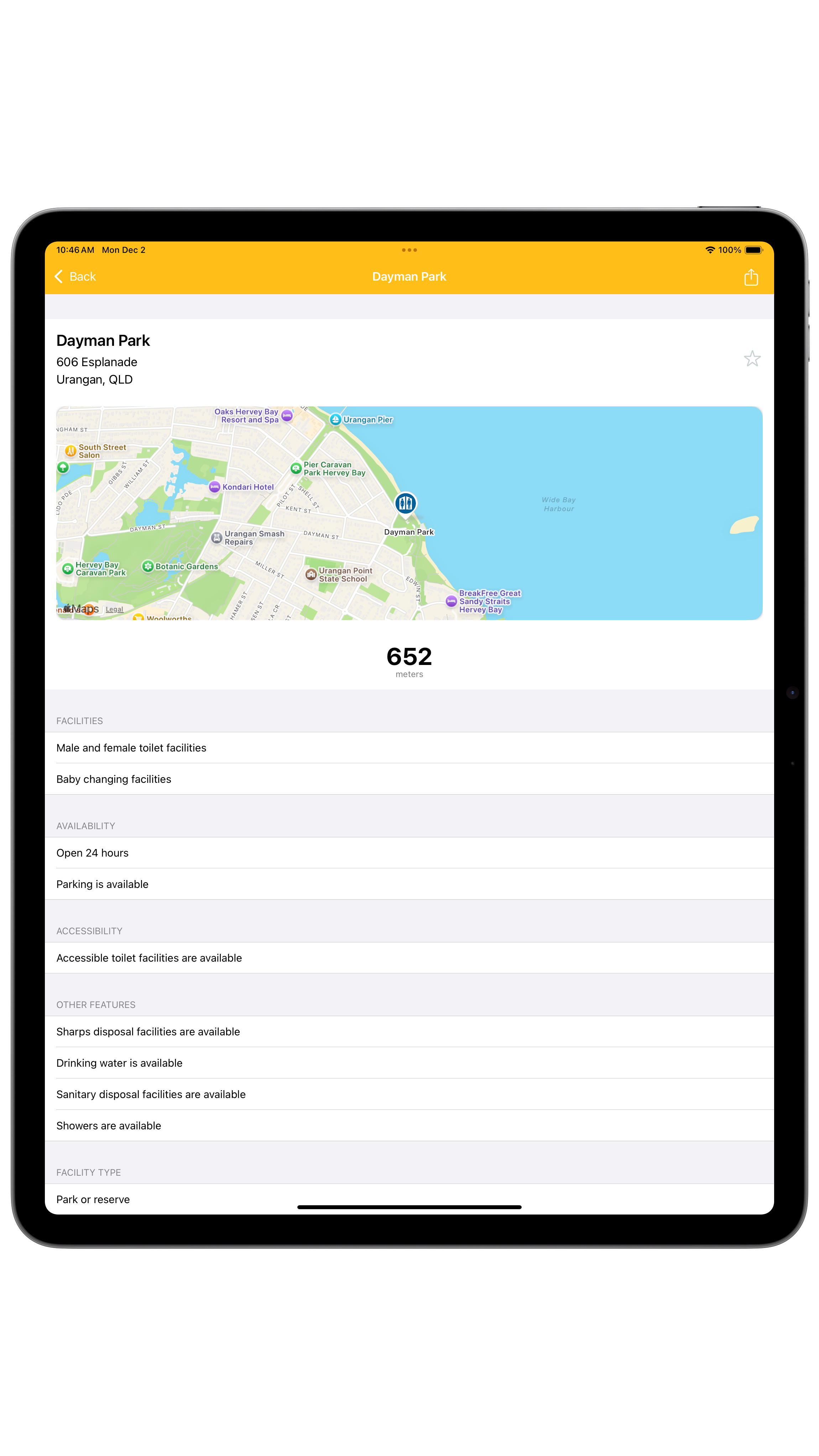 Facility details on an iPad