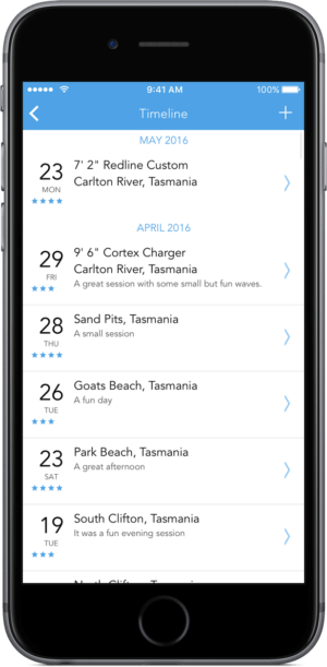SurfTrackr timeline screenshot